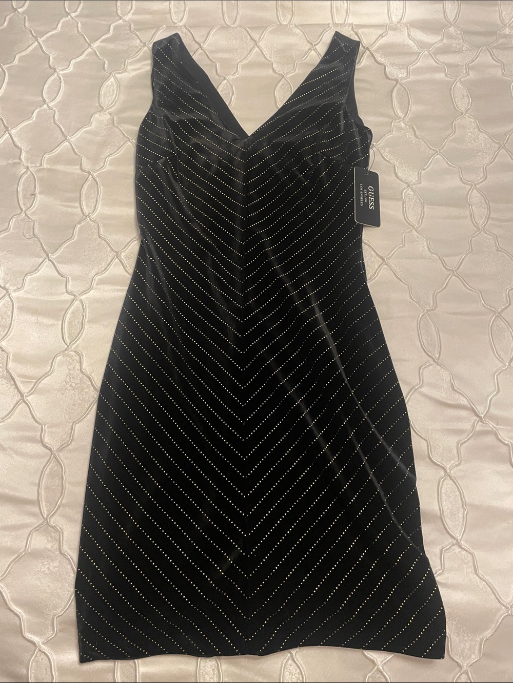 GUESS Black Velvet V-Neck Studded Midi Dress